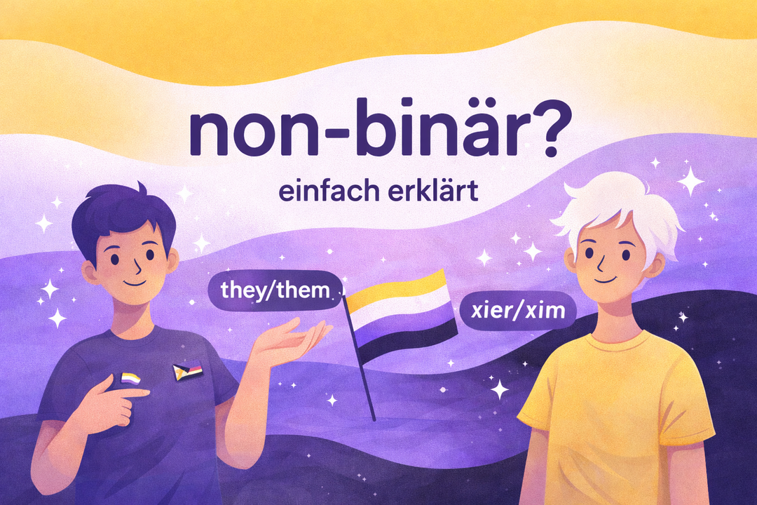 Illustration mit der Aufschrift „non-binär? einfach erklärt“ vor den Farben der Non-Binary-Pride-Flagge, zwei androgyn dargestellte Personen mit Pronomen „they/them“ und „xier/xim“