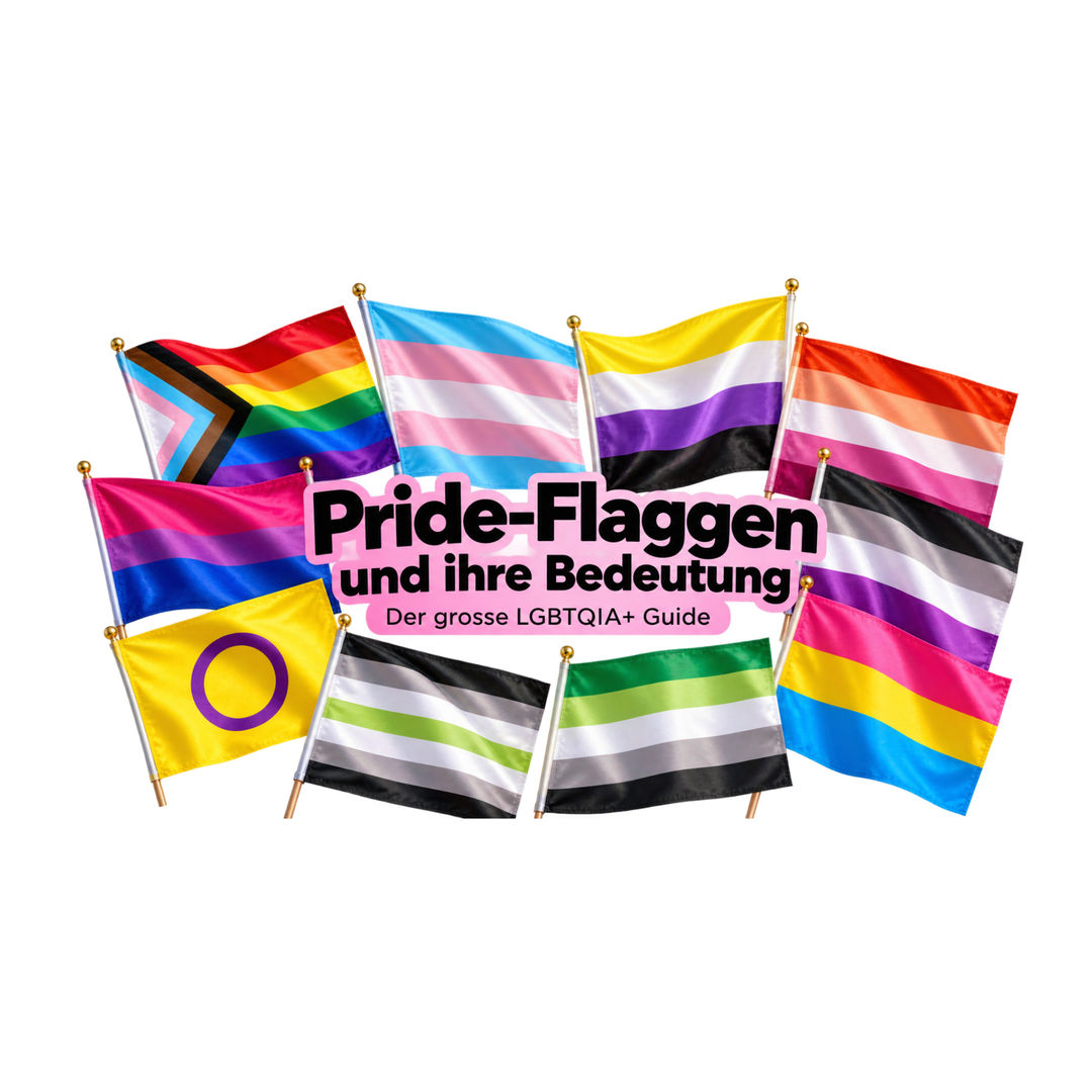 Verschiedene LGBTQIA+ Pride-Flaggen mit Regenbogen-, Transgender-, Nonbinary-, lesbischer, bisexueller und pansexueller Flagge – Pride-Flaggen und ihre Bedeutung im Rainbowsheep Guide.