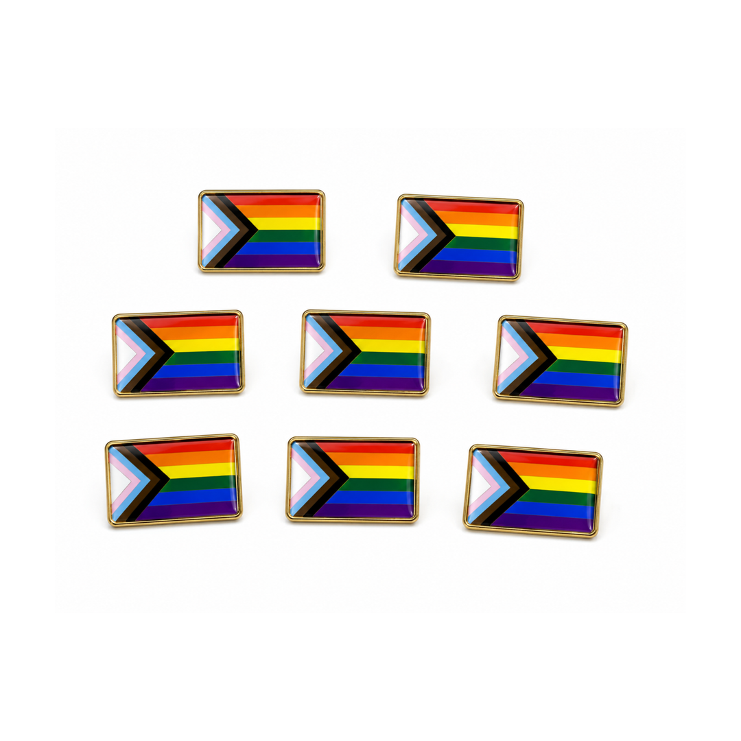 8 Progress Pride Flag Pins auf weissem Hintergrund. Rechteckige LGBTQIA+ Anstecker mit den Farben der Progress Pride Flag.