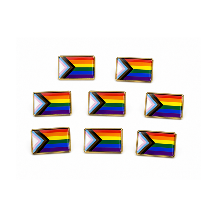 8 Progress Pride Flag Pins auf weissem Hintergrund. Rechteckige LGBTQIA+ Anstecker mit den Farben der Progress Pride Flag.