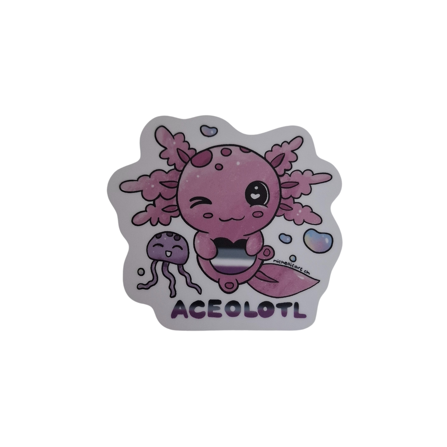 Kawaii-Axolotl-Sticker Aceolotl – lilafarbener Axolotl mit Asexual-Pride-Herz.