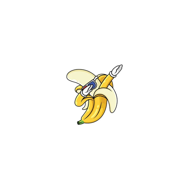 Lustiger Acryl-Pin in Form einer Banane mit Kopfhörern und Sonnenbrille in Dabbing-Pose – Comic-Design mit coolem Style.