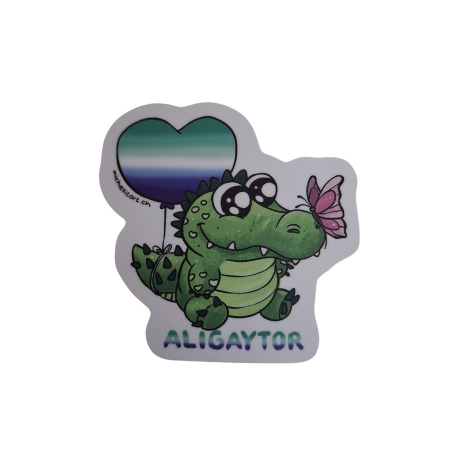Kawaii-Alligator-Sticker Aligaytor mit Gay-Pride-Herz und Schmetterling.