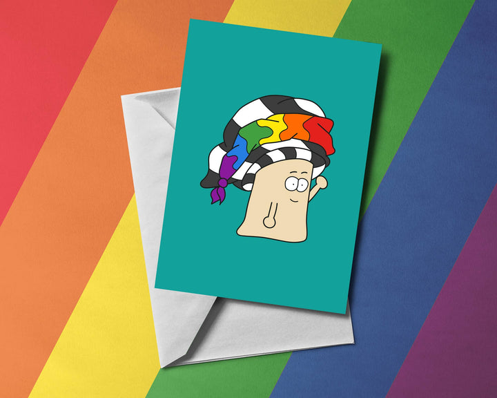 Ally Pride Grußkarte mit Pilz Motiv in Regenbogenfarben, inklusive Umschlag auf farbigem Hintergrund – LGBTQIA+ Unterstützung Geschenkkarte
