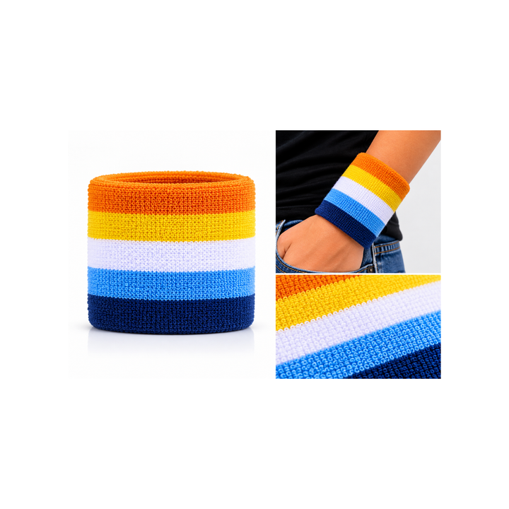 Aroace Pride Schweissband aus Frottee mit Produktansicht, Tragebeispiel am Handgelenk und Detailaufnahme der fünf Streifen in Orange, Gelb, Weiss, Hellblau und Dunkelblau
