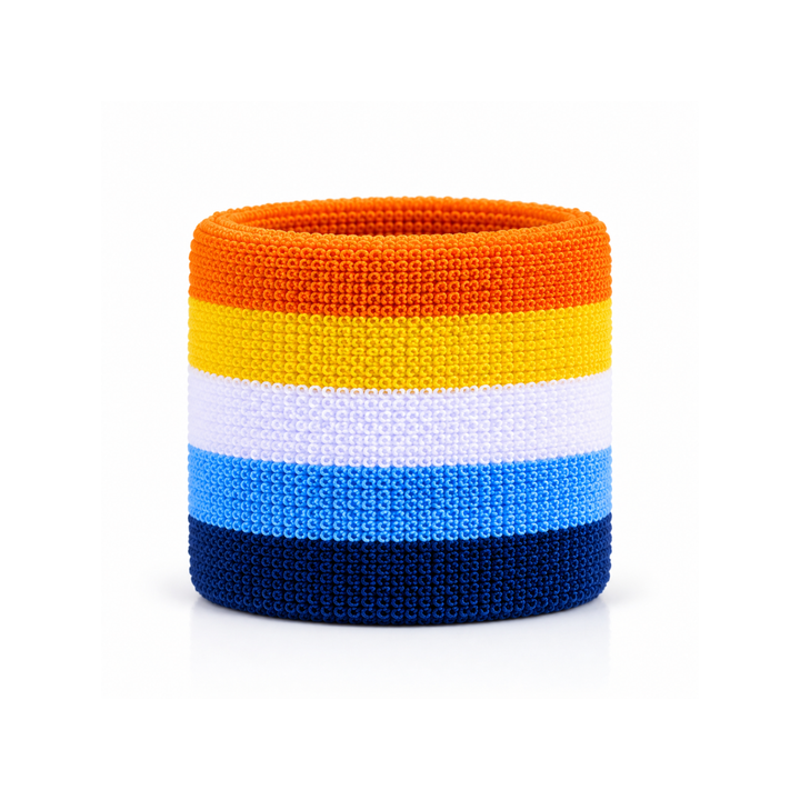 Aroace Pride Schweissband aus Frottee mit fünf Streifen in Orange, Gelb, Weiss, Hellblau und Dunkelblau auf weissem Hintergrund