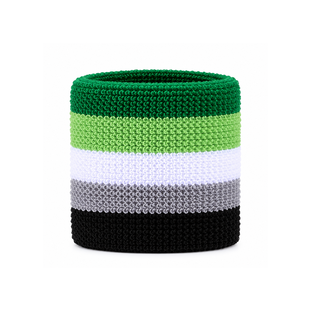 Aromantic Pride Schweissband aus Frottee in Dunkelgrün, Hellgrün, Weiss, Grau und Schwarz