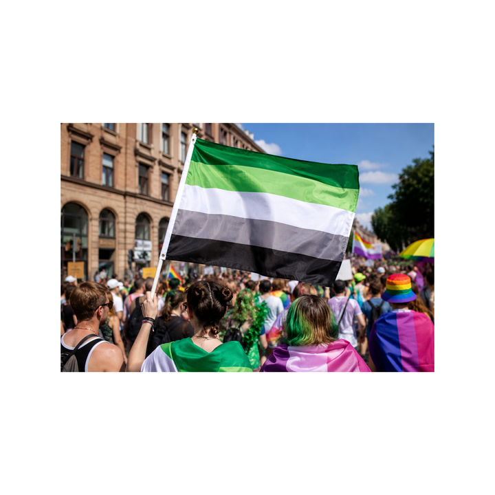 Eine Person trägt die Aromantisch Pride Flagge während einer Pride-Parade. Die grün-weiss-grau-schwarze Aro-Flagge symbolisiert Sichtbarkeit, Akzeptanz und Vielfalt innerhalb der LGBTQIA+-Community.