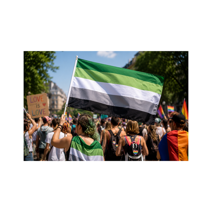 Aromantisch Pride Flagge (Aro Flagge) bei einer Pride-Parade. Die grün-weiss-grau-schwarze LGBTQIA+-Flagge steht für Sichtbarkeit, Akzeptanz und die aromantische Community.