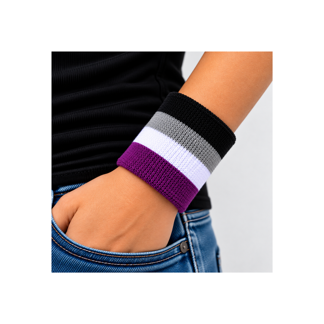 Asexual Pride Schweissband aus Frottee mit Produktansicht, Tragebeispiel und Detailaufnahme der schwarz-grau-weiss-violetten Streifen
 Kopieren