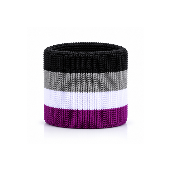 Asexual Pride Schweissband aus Frottee in Schwarz, Grau, Weiss und Violett auf weissem Hintergrund
 Kopieren