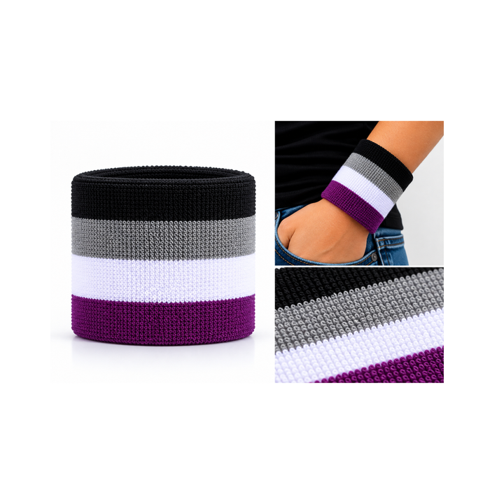 Asexual Pride Schweissband aus Frottee in Schwarz, Grau, Weiss und Violett, getragen am Handgelenk
 Kopieren