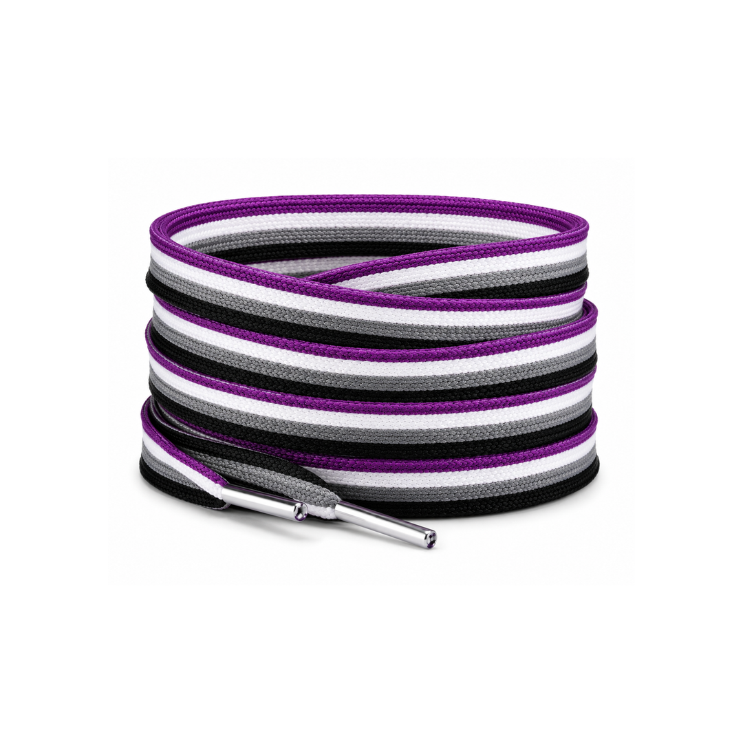 Asexuelle Pride Schnürsenkel in Schwarz, Grau, Weiss und Lila. Flache 120 cm Schnürsenkel in den Farben der Asexual Pride Flagge.