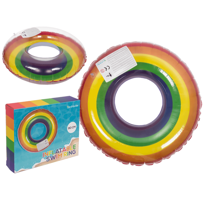 Aufblasbarer Regenbogen-Schwimmring, 90 cm, buntes Pool- und Strandzubehör für Sommer und Pride