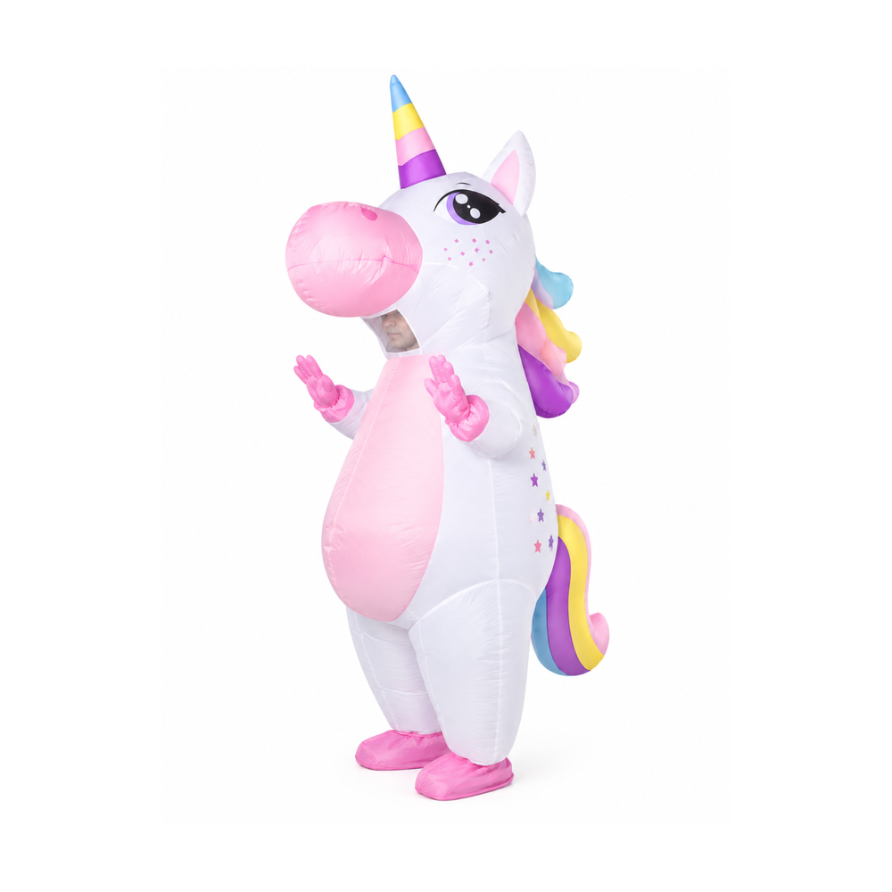Aufblasbares Einhorn Kostüm für Erwachsene mit pinkem Bauch, buntem Horn und Regenbogenschwanz