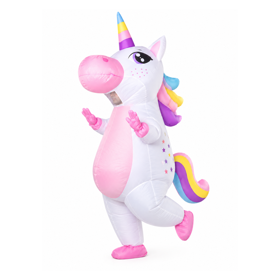Aufblasbares Einhorn Kostüm für Erwachsene mit pinkem Bauch, buntem Horn und Regenbogenschwanz