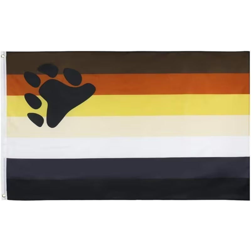 Bear Pride Flagge mit Tatze 90 × 150 cm aus Polyester mit braunen, goldenen, weissen, grauen und schwarzen Streifen sowie zwei Metallösen zur Befestigung.