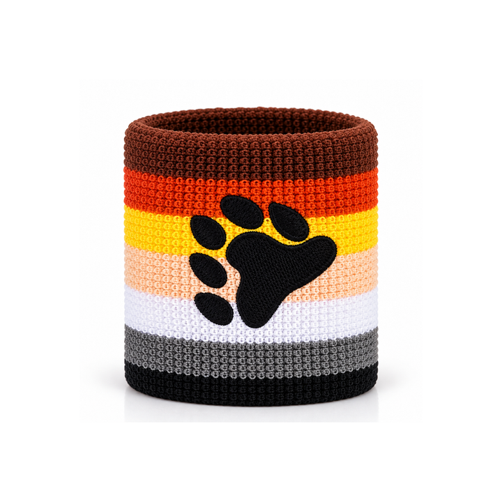 Bear Pride Schweissband aus Frottee mit bunten Streifen in Braun, Orange, Gelb, Beige, Weiss, Grau und Schwarz sowie schwarzer Bärentatze