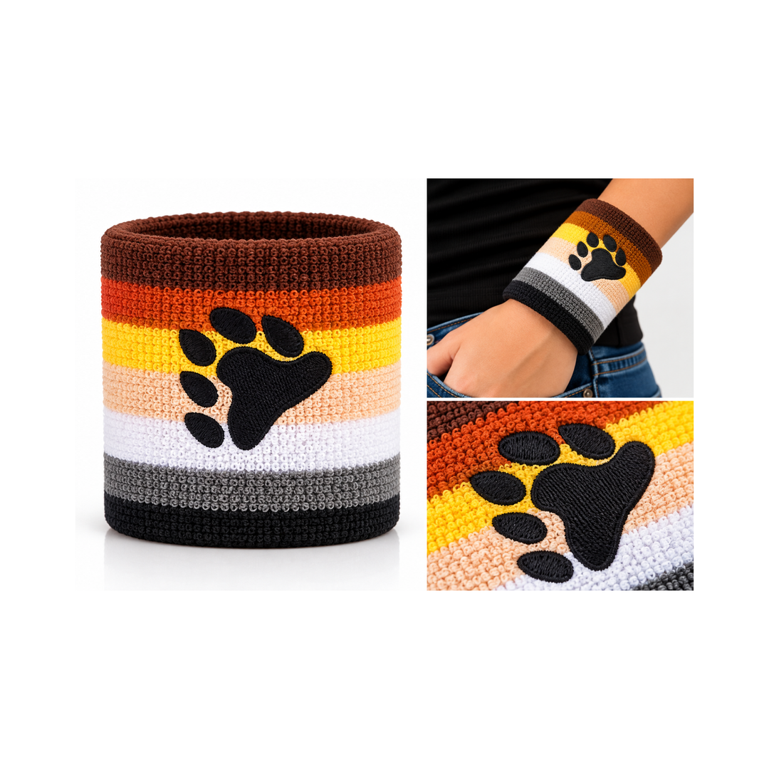 Bear Pride Frottee-Schweissband mit Produktansicht, Tragebeispiel und Nahaufnahme der schwarzen Bärentatze und des gestreiften Materials