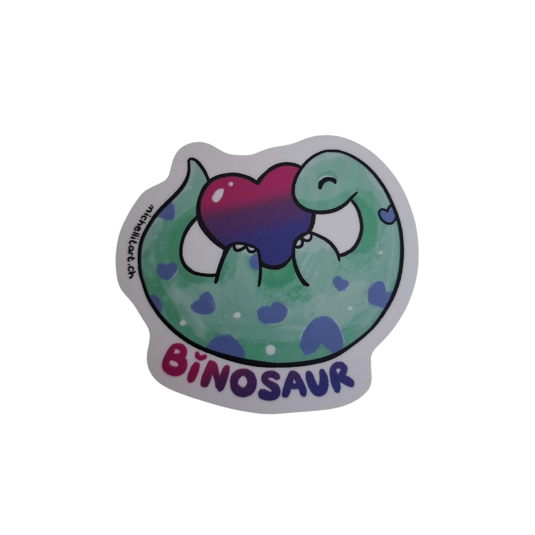 Kawaii-Dinosaurier-Sticker mit grünem Dino, der ein buntes Pride-Herz hält – Design Binosaur.