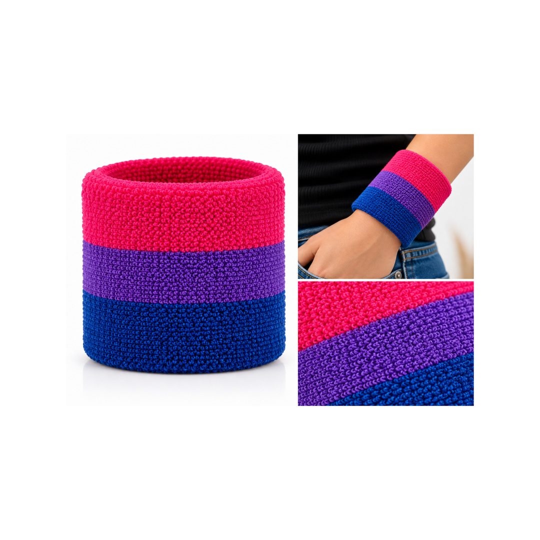 Bisexual Pride Frottee-Schweissband mit Produktansicht, Tragebeispiel und Nahaufnahme der pink-violett-blauen Streifen