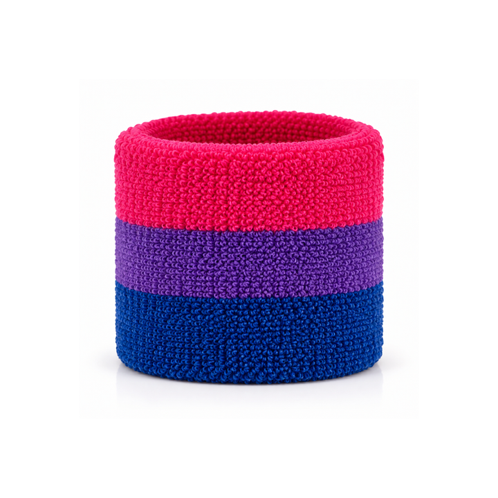Bisexual Pride Schweissband aus Frottee in Pink, Violett und Blau auf weissem Hintergrund