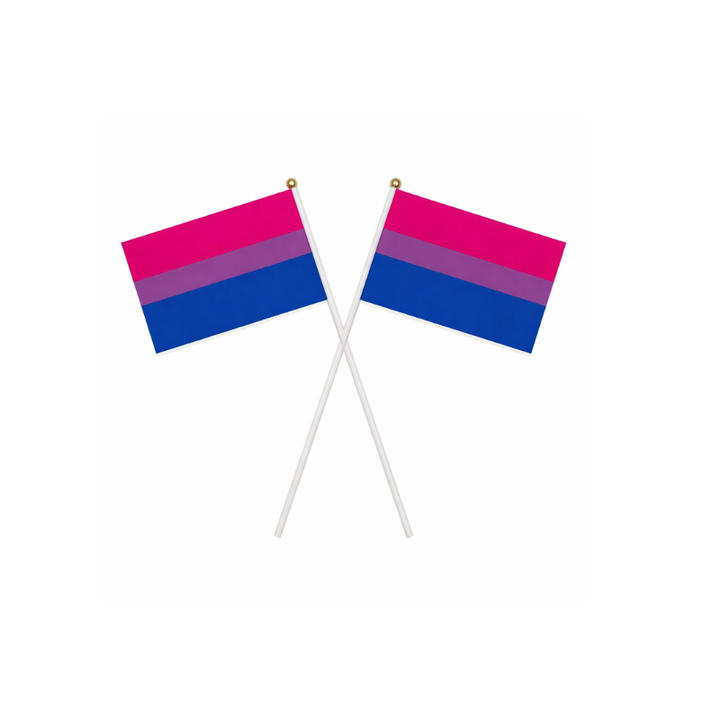 Zwei bisexuelle Pride Handflaggen mit pinken, lila und blauen Streifen, gekreuzt angeordnet