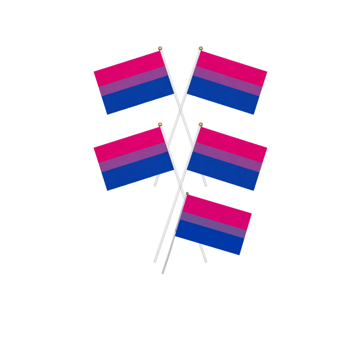 Fünf bisexuelle Pride Handflaggen mit pinken, lila und blauen Streifen, gemeinsam angeordnet