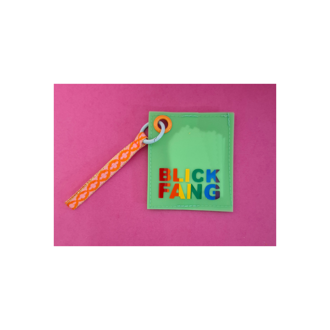 Handgemachte Brillenputztuch-Tasche «BLICKFANG» aus mintgrünem Jelly Vinyl mit Spruchband, Pride Sonderedition von Rain4Flowers