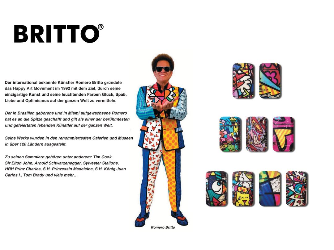 Jet-Flame-Feuerzeugen der Marke BRITTO, gestaltet im ikonischen Pop-Art-Stil von Romero Britto. Die Feuerzeuge zeigen lebendige Muster mit kräftigen Farben, abstrakten Formen und Motiven wie Herzen, Augen und Schmetterlingen. Die gelbe Verpackung ist ebenfalls mit kleinen Schmetterlingen verziert und trägt die Aufschrift „Jet Flame – High Quality – Refillable Lighter“ sowie „Easy Torch“ für einfache Handhabung. Herr Britto mit beschreibung seiner Arbet.