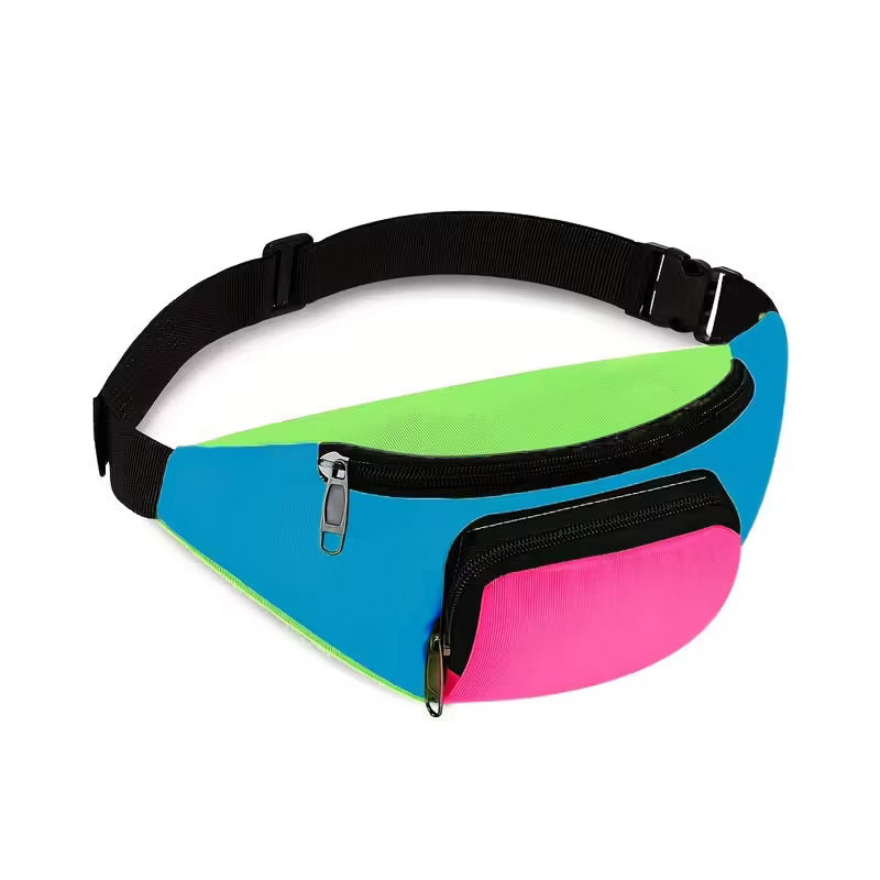 Bunte Bauchtasche im Retro-Design in Neonfarben Pink, Grün und Blau – praktische Gürteltasche mit mehreren Fächern für Handy, Geld und Schlüssel