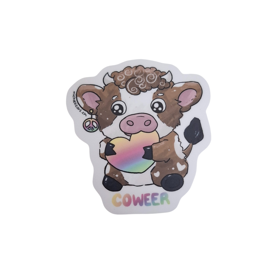 Kawaii-Kuh-Sticker Coweer – braun-weißes Kalb mit großem Regenbogen-Pride-Herz.