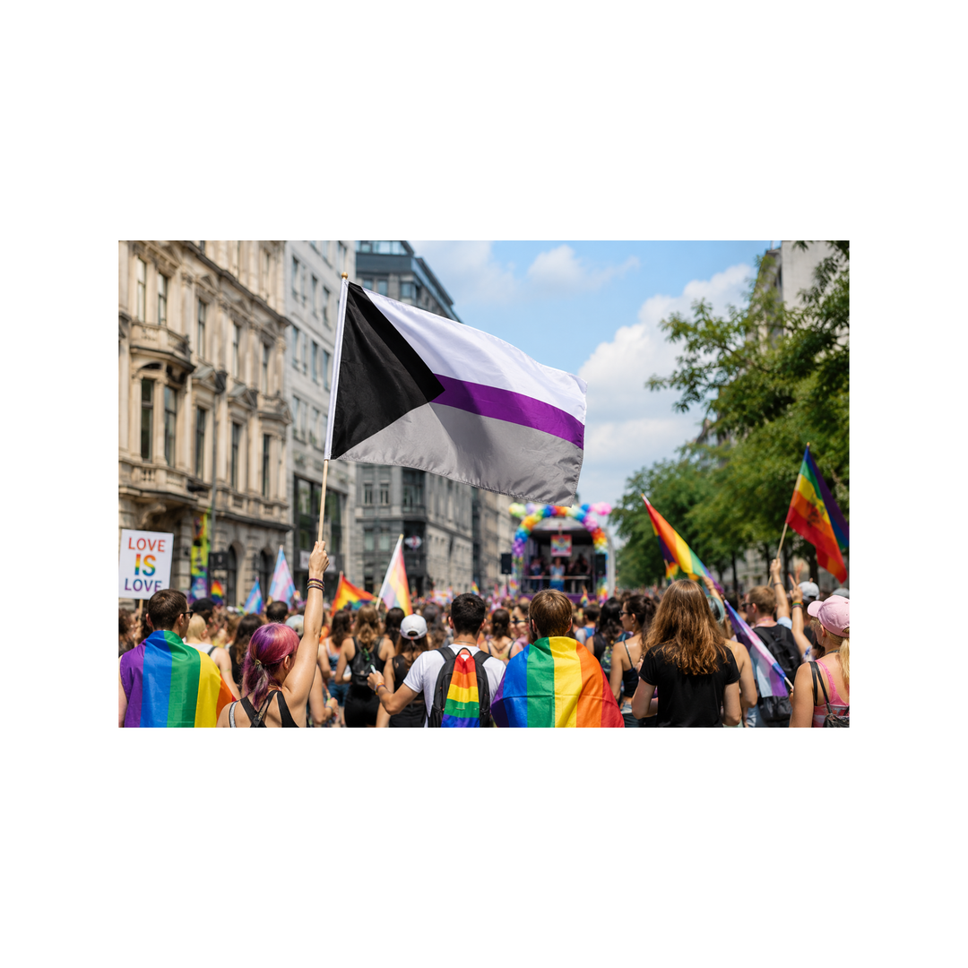 Demisexuell Pride Flagge mit schwarzem Dreieck sowie weissen, violetten und grauen Elementen weht während einer Pride-Parade über einer feiernden Menschenmenge und symbolisiert das demisexuelle Spektrum innerhalb der LGBTQIA+-Community.