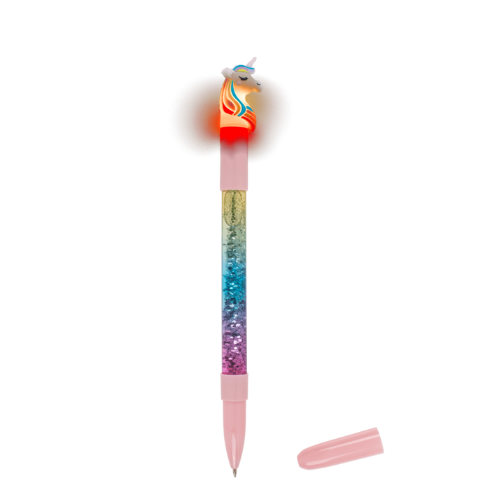 Einhorn Kugelschreiber mit bunt glitzerndem Schaft und LED-Licht, 15 cm lang, auf weißem Hintergrund.