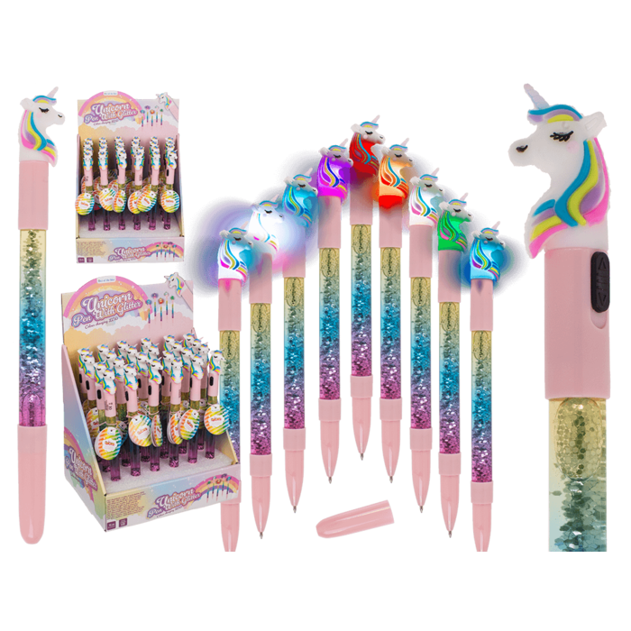 Einhorn Kugelschreiber mit Glitzer und LED im Display – farbwechselnde Stifte mit Einhornkopf und funkelndem Schaft.