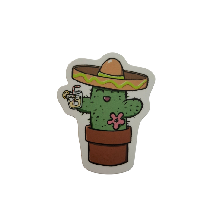 El Kaktus Sticker von Michellitart mit Sombrero, Getränk und Blume im Blumentopf. Niedlicher Kawaii-Sticker aus der Schweiz.