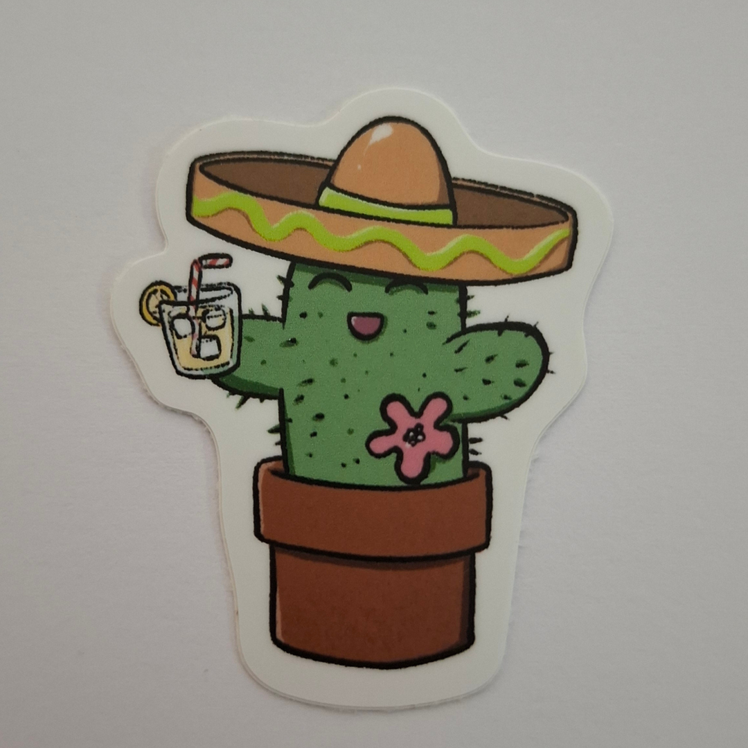 El Kaktus Sticker von Michellitart mit Sombrero, Getränk und Blume im Blumentopf. Niedlicher Kawaii-Sticker aus der Schweiz.