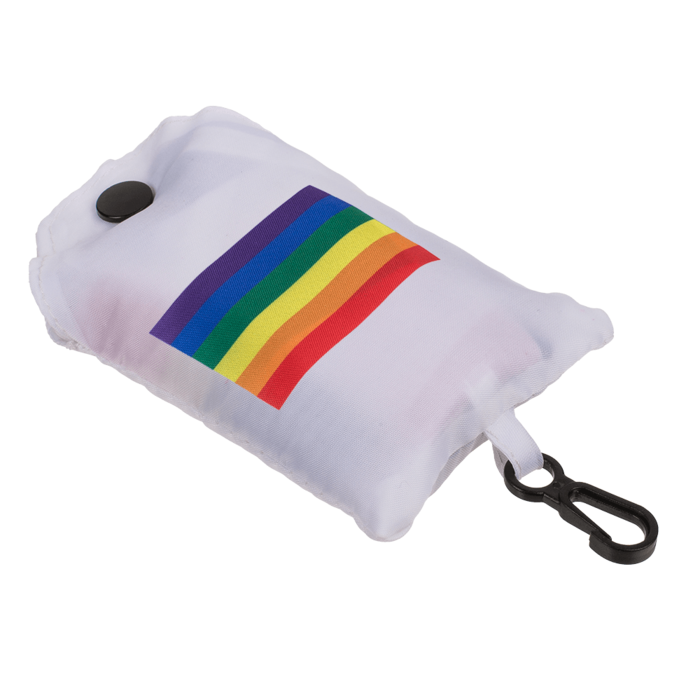 Faltbare Einkaufstasche im Regenbogen-Design, kompakt zusammengefaltet, aus Polyester mit Karabinerhaken.