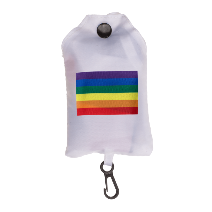 Faltbare Einkaufstasche im Regenbogen-Design, kompakt zusammengefaltet, aus Polyester mit Karabinerhaken.
