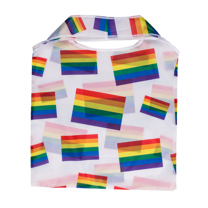 Faltbare Einkaufstasche im Regenbogen-Design (39 × 56 cm) aus Polyester, leicht, kompakt zusammenfaltbar und wiederverwendbar, ideal für Einkauf und Reisen.