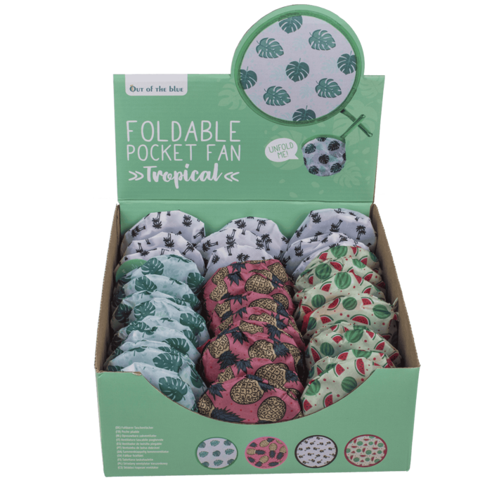 Display mit faltbaren Taschenfächern im Tropical-Design – 36 Stück Sortierung mit Motiven wie Monstera-Blättern, Ananas, Wassermelone und Palmen, kompakte Pocket Fans aus Polyester in Karton-Display.