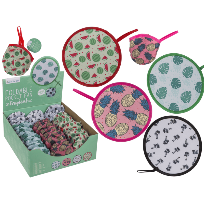Faltbare Taschenfächer im Tropical-Design – Set mit 4 Motiven: Wassermelone, Ananas, Monstera und Palmen. Kompaktes Polyester-Fächer-Sortiment mit Aufbewahrungsetui im Karton-Display.