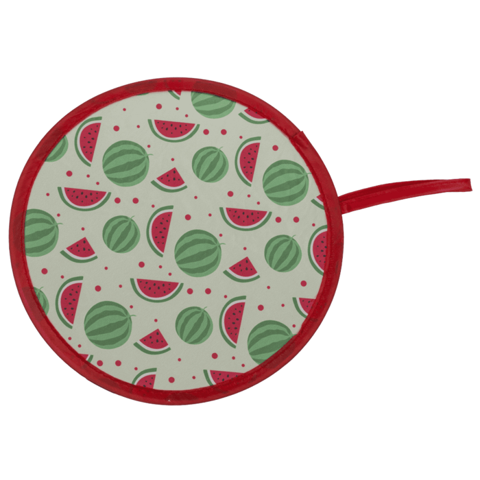 Faltbarer Taschenfächer Tropical mit Wassermelonen-Muster, geöffnet und rund, mit rotem Rand, auf weißem Hintergrund.