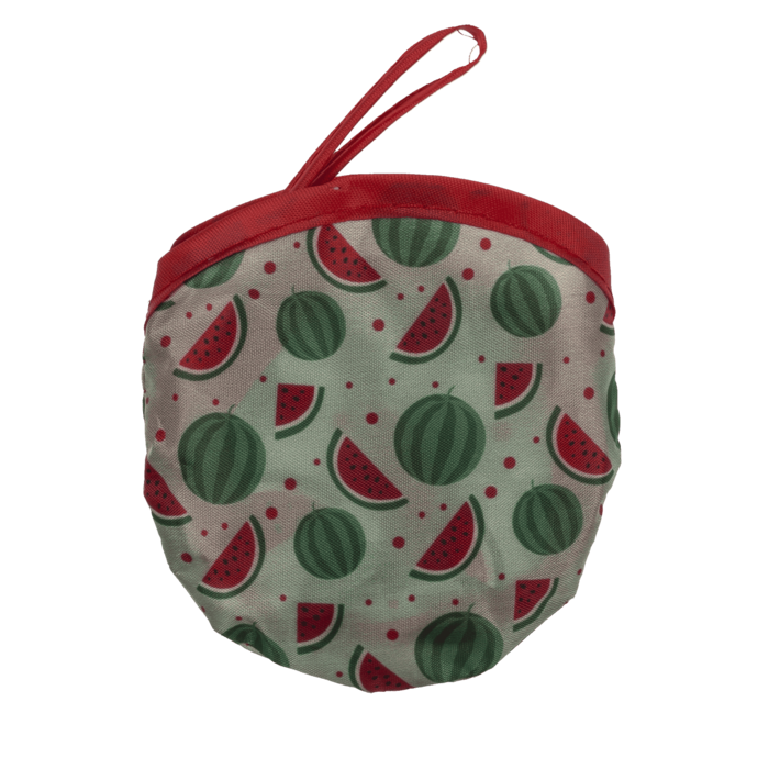 Faltbarer Taschenfächer Tropical in Wassermelonen-Design, zusammengefaltet im Täschchen mit rotem Rand, auf weißem Hintergrund.