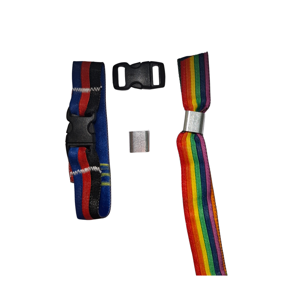 Festivalarmband Schnalle zum Nachrüsten mit Kunststoffverschluss und Metallhülse. Ermöglicht die Umwandlung eines Festival- oder Pride-Armbands in ein wiederverwendbares Armband.