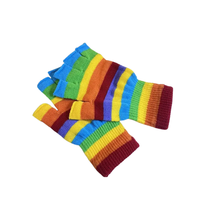 Paar fingerlose Regenbogen Handschuhe aus Polyester mit bunten Streifen auf weißem Hintergrund