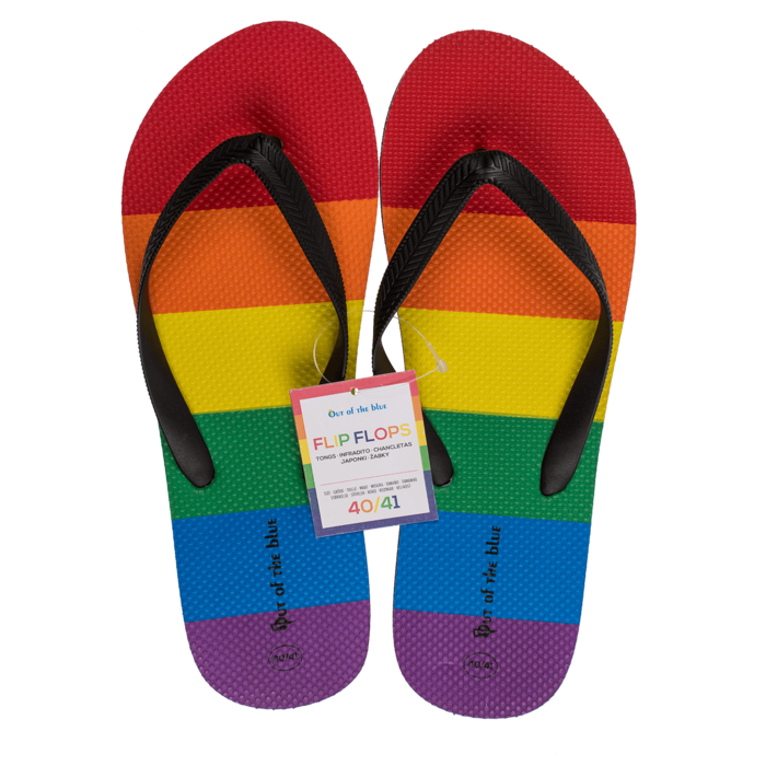 Bunte Regenbogen-Flip-Flops in verschiedenen Größen (36/37 bis 46/47), rutschfest und bequem. Perfekt für Strand, Sommer, Freizeit und Pride-Events.