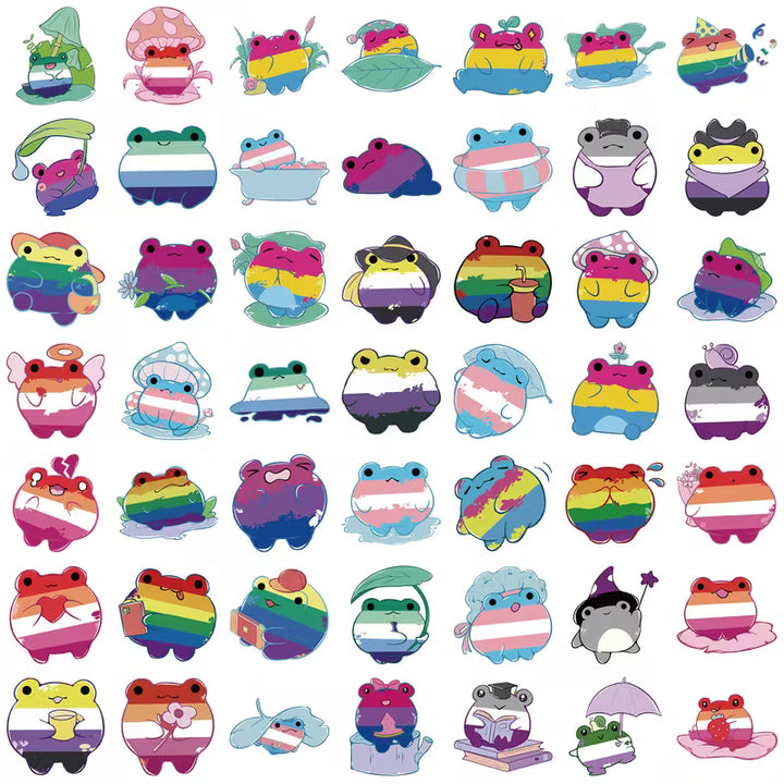 Frosch-Sticker mit verschiedenen Pride-Flaggen-Designs in Regenbogenfarben, all-gender LGBTQIA+ Aufkleber-Set.