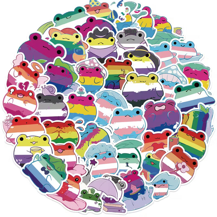 Süße Frosch-Aufkleber mit Pride-Flaggen-Designs in Regenbogenfarben, LGBTQIA+ Sticker-Set.