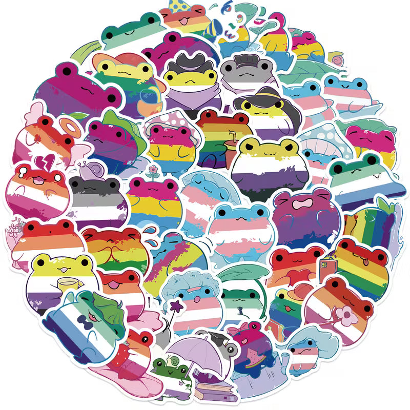 Süße Frosch-Aufkleber mit Pride-Flaggen-Designs in Regenbogenfarben, LGBTQIA+ Sticker-Set.